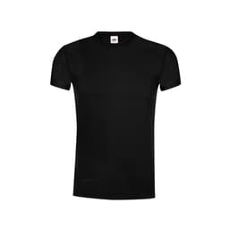 A black adult t-shirt with short sleeves, featuring a tag and a logo.