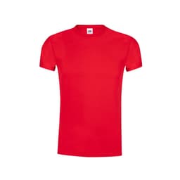 A red short-sleeve t-shirt with a crew neck and a logo on the label.