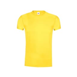 A yellow adult T-shirt with short sleeves and a brand label on the neckline.