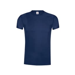 A navy blue adult T-shirt with a round neckline and short sleeves, featuring a logo on the label.