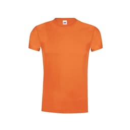 An orange adult T-shirt with a crew neckline and short sleeves. It includes a brand logo on the label.