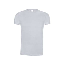 A grey adult t-shirt with a round neckline and short sleeves. It features a logo at the neck.