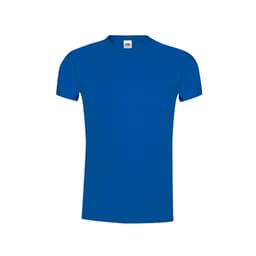 A blue adult T-shirt with short sleeves and a label. The shirt features a logo on the neck.