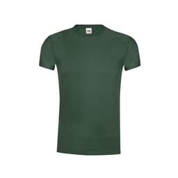 A green adult t-shirt featuring a simple design and a logo on the label.