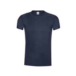 A navy blue adult T-shirt with a round neckline and short sleeves, featuring a logo.