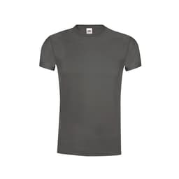 A grey adult T-shirt with a classic crew neck design and short sleeves, featuring a brand logo.