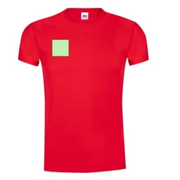 A red adult T-shirt featuring a green square patch on the chest area. The shirt has short sleeves and a classic fit.