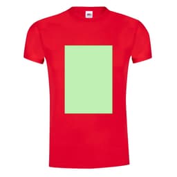 A red adult t-shirt featuring a blank green rectangle shape. The shirt has a logo location.