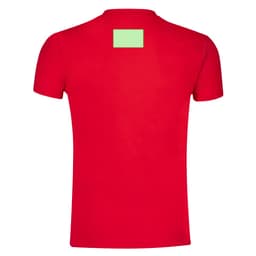 A red adult T-shirt with a blank green section on the back. It features a fitted design and short sleeves.
