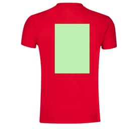 A red adult T-shirt featuring a rectangular green area on the back. The shirt has a logo.