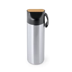A silver drink bottle with a black lid and wooden accent, featuring a handle and a sleek design.