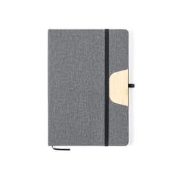 A grey notebook with a wooden accent and an elastic band, featuring a pocket for storage.