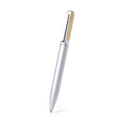 A silver pen with a wooden accent, featuring a sleek design and a branding logo on the body.