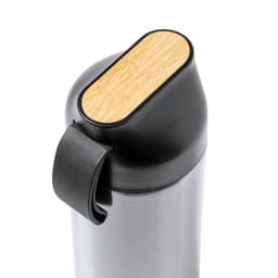 A stainless steel drink bottle with a black body and a bamboo lid. Features a black silicone strap.