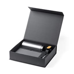 A sleek silver drink bottle and a black pen inside a stylish black gift box. Includes branded elements.