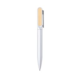 A white pen with a wooden accent, featuring a clip and a sleek design. Includes a branding element.
