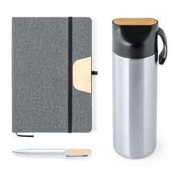 A grey notebook with a bamboo accent, a silver metal drink bottle, and a white pen. The set features a branding logo.