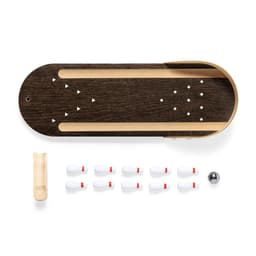 A bowling game set featuring a wooden lane, ten miniature pins, a bowling ball, and a score tracker.