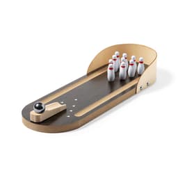 A wooden bowling game with a black ball and white pins on a brown lane. The game has a natural wood finish and a logo.