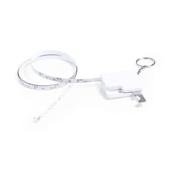 A white tape measure with a keyring attachment, featuring a retractable measuring tape.