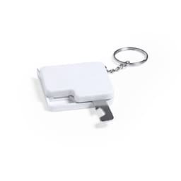 A white keyring tape measure with a metal keyring attachment. The tape is retractable and features a small blade.