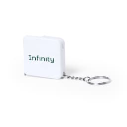A white tape measure keyring with a silver chain. It has a branding logo on the side.