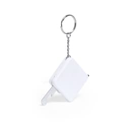 A white tape measure attached to a keyring, featuring a simple square design and a small hook for convenience.