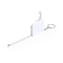 A white tape measure with a keyring attachment and a silver metal hook.