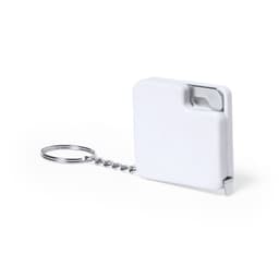 A white tape measure keyring with a silver chain, compact and portable in design.