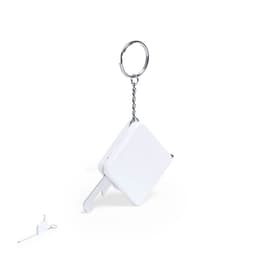 A white tape measure keyring with a silver chain and keyring attachment.