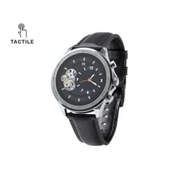 A smartwatch with a black leather strap, featuring a silver case and an intricate dial design.