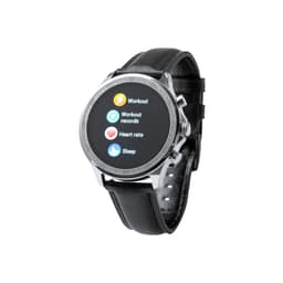 A smartwatch with a round face, black leather band, and icons for workout, heart rate, and sleep tracking.