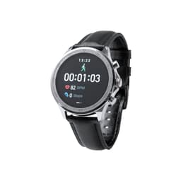 A smartwatch with a round display, silver bezel, and black leather strap, featuring activity tracking metrics.