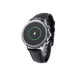 A smartwatch with a sleek silver and black design, featuring a round face and a leather strap.