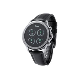 A smartwatch with a round, silver case and a black leather strap, featuring a digital timer display.