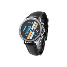 A smartwatch with a round display, silver casing, and a black leather strap, featuring a digital interface.