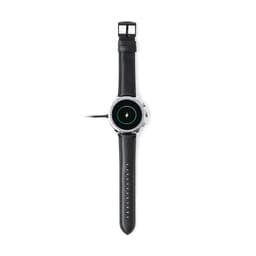 A smart watch with a round black face and a black leather strap, featuring a logo on the dial.