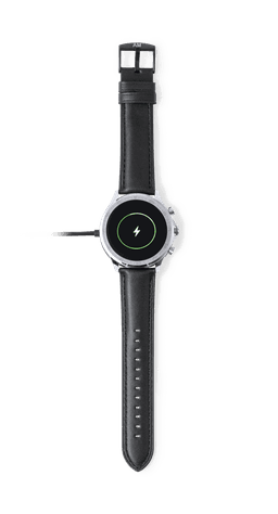 A circular smart watch with a black strap and a green accent, featuring a logo on the face.