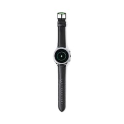 A black smart watch with a round face and a silver bezel, featuring a green icon on the screen and a leather strap.