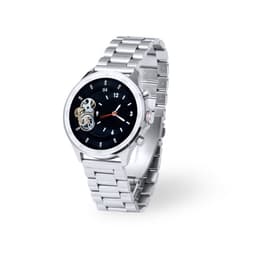 A silver watch featuring a black face with visible gears and a metal bracelet. It includes a branding logo.