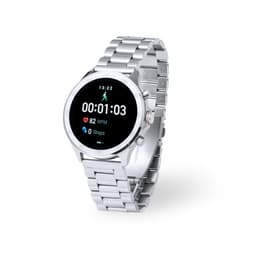 A silver smartwatch with a metal bracelet displaying fitness metrics and a black screen. It features a logo.
