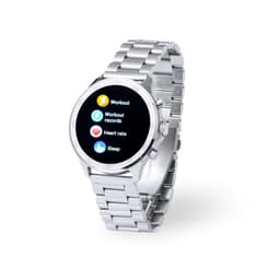 A silver smartwatch with a metal band, displaying various fitness tracking features on its screen.