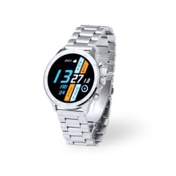 A silver smartwatch with a round face displaying time, date, and weather information, featuring a metallic bracelet.