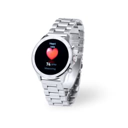 A smartwatch with a silver metal band displays a heart rate measurement on a black screen. It features a logo.