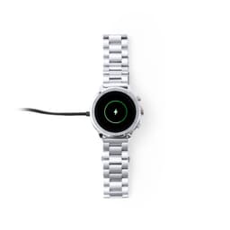 A silver watch with a metallic band, featuring a circular display and a charging indicator. It has a logo on the face.