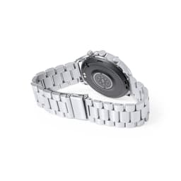A silver watch with a metal strap and a round black dial, featuring a logo on the back.