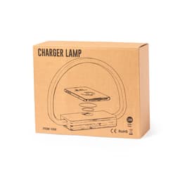 A brown cardboard box containing the Labrum Charger Lamp, featuring a wireless charging design. The box has a logo.