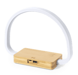 A bamboo wireless charger lamp with a white arch-shaped light, featuring a USB port and charging pad.
