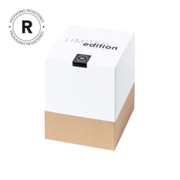 A white and brown box featuring a limited edition label, displaying a registered packaging symbol.