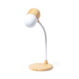 A multifunction lamp with a white shade and wooden accents on a round base. The lamp features a flexible neck.